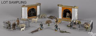 German composition zoo menagerie, to include two corner cage enclosures, 8'' h., 11 1/2'' w.