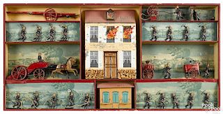 French painted tin and white metal fire fighting set, made by F. V.