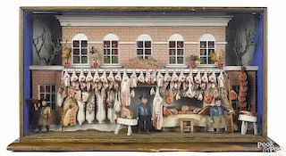 Elaborate English butcher shop diorama window display, mid 19th c., primarily of painted wood