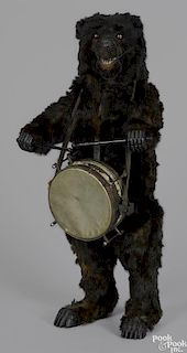 Clockwork drumming bear, probably Austrian, with fur covering and a wire muzzle, 27 1/2'' h.