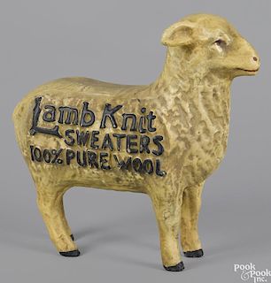 Papier-mache advertising for Lamb Knit Sweaters 100% Pure Wool