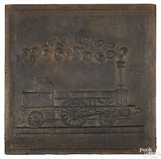 Cast iron locomotive stove plate depicting an early 19th century locomotive, 21 3/4'' square.