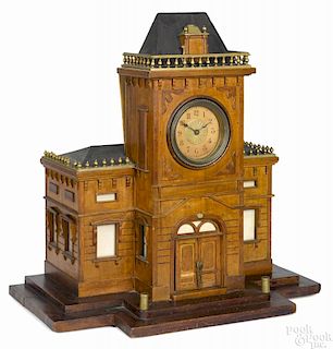 Building-form letter box with clock and music box