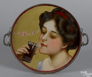 Moxie advertising glass serving tray, ca. 1905, with reverse lithograph of a young woman