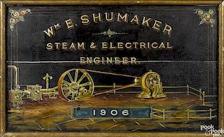 Wm E. Shumaker Steam & Electrical Engineer painted pine trade sign, dated 1906
