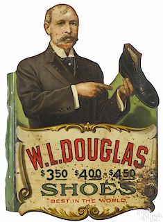 W. L. Douglas Shoes tin lithograph flange sign, double-sided die cut