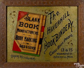 The Haverhill Book Bindery reverse painted glass trade sign with actual inset leather book
