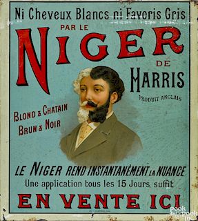 French Niger de Harris tin lithograph hair dye advertising sign, 15 1/4'' x 13 3/4''.