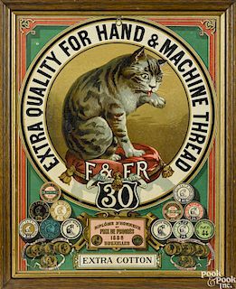 F & FR thread lithograph cardboard advertising sign with an image of a cat