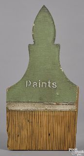 Paint brush painted pine trade sign, inscribed Paints, on an original green and white surface