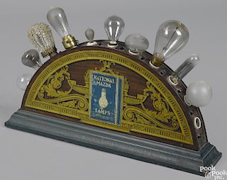 National Edison Mazda Lamps lighted tin and pine counter display, 16 1/2'' h., 27 1/2'' w.