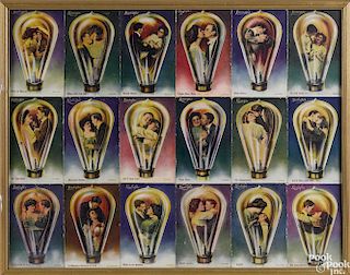 Eighteen Edison Mazda Lovelights postcards, in a contemporary frame, 16 1/2'' x 21 3/4''.