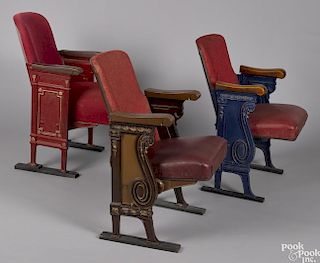 Three theater seats with ornate sides and scrolling decoration, 33'' h.