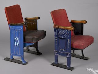 Two theater seats with ornate cast iron supports, one with two decorated sides