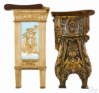 Four cast iron theater seat ends, to include one by Haywood Wakefield with figural columns