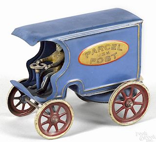 Kingsbury pressed steel clockwork Parcel Post delivery truck with a cast iron driver