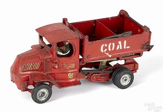 Arcade cast iron Mack Coal scissor dump truck with a divided dump bed, rubber wheels