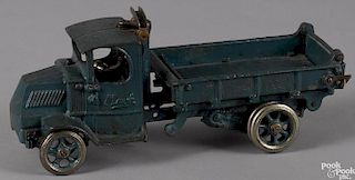 Arcade cast iron Mack dump truck with a nickel-plated driver, 12'' l.