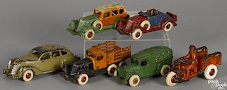 Six small cast iron Hubley vehicles, to include a delivery van, a Crash Car delivery motorcycle