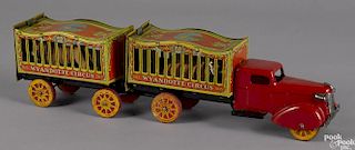 Wyandote tin lithograph circus cage wagon truck, with two painted composition lions and tigers