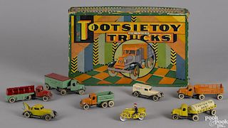 Toostsietoy Deluxe Trucks set, in its original box, to include a motorcycle delivery truck