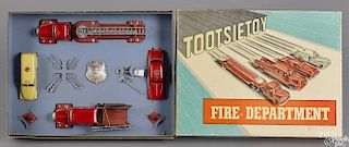 Tootsietoy Fire Department no. 5211 truck set, in its original box, to include hats, ladders