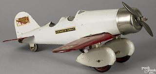 Scarce Steelcraft pressed steel Lockheed Sirius airplane with wing lights, rubber tires