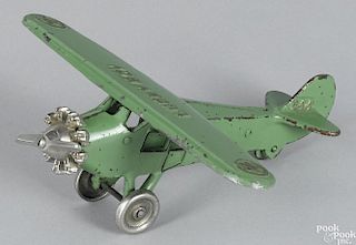 Dent cast iron Lucky Boy monocoupe airplane with nickel-plated components, wingspan - 9 1/2''.