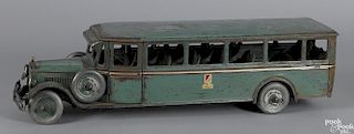 Buddy L pressed steel passenger bus, with aluminum wheels, steering wheel, and opening doors