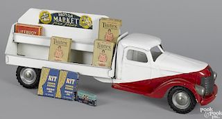 Buddy L pressed steel Motor Market delivery truck with several boxes of miniature food samples