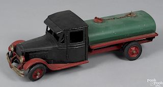 Buddy L pressed steel oil truck with opening doors and rubber tires, 23'' l.