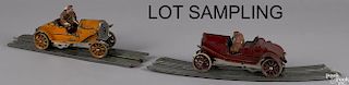 Lionel pre-war pressed steel race slot car set with twenty-one sections of track, cars - 8'' l.
