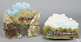 Pair of Bruce Hebron illuminated tin railroad wall dioramas depicting western railroad scenes