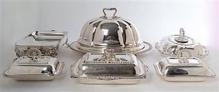 * A Group of Silver-Plate Table Articles, 20th Century, comprising 4 entree dishes and covers, an entree stand raised on paw fee