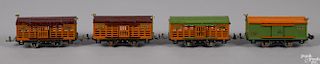 Four Lionel O Gauge freight train cars, to include a no. 805 box car and three no. 806 cattle cars