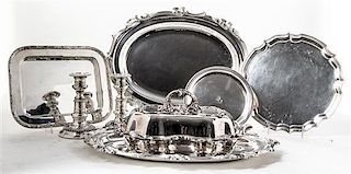 * A Group of Silver-Plate Table Articles,, 20th Century, comprising 1 entree dish and cover with two matching meat platters, a p