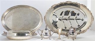 A Group of Silver-Plate Items, , comprising a well-and-tree platter, with rocaille and shell border, an oval tray with engraved