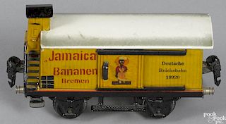 Marklin O Gauge no. 19920 train box car, Jamaica Bananen car with guard shack, 6 1/2'' l.