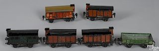 Six Marklin O Gauge freight train cars, 1930's era grouping, to include a no. 17910 box car