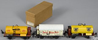 Three Marklin O Gauge freight train cars, four-wheel group, to include a no. 17740 BP tanker
