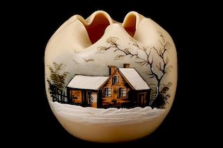 Victorian Hand Painted Rose Bowl w/Winter Scene