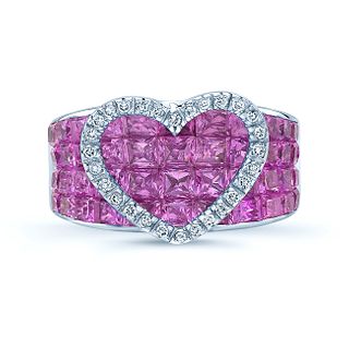 Pink Sapphire And Diamond Heart Band In 18k White Gold
