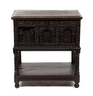 A Renaissance Style Carved Case On Stand, Height 34 7/8 x width 32 1/2 x depth 19 1/4 inches.
