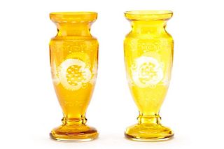 Pair of Amber Stag Motif Etched Glass Footed Vases