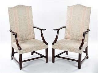* A Pair of Chippendale Style Mahogany Library Chairs, Height 48 inches.