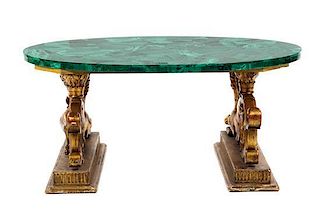 A Renaissance Revival Giltwood and Malachite Low Table, Height 18 3/8 x width 40 1/4 x depth 24 1/8 inches.