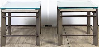 * A Pair of Steel, Sandstone and Glass End Tables, Height 22 x width 22 1/4 x depth 22 1/4 inches.