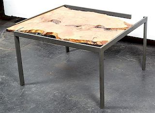 * A Steel and Wood Slab Low Table, Height 15 inches.