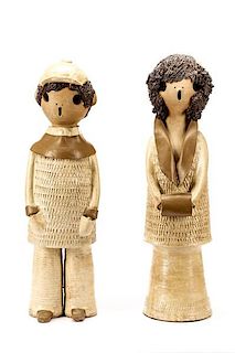 Pair Earthenware Ceramic Figurines, Boy and Girl