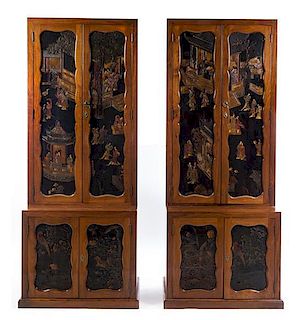 A Pair of Coromandel Inset Walnut Bookcases, Height 93 x width 38 x depth 21 inches.
